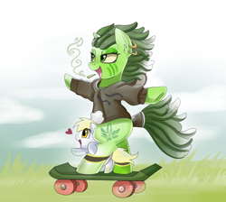 Size: 2918x2614 | Tagged: safe, artist:pridark, derpy hooves, oc, pegasus, pony, unicorn, cigarette, clothes, commission, duo, ear piercing, earring, female, filly, hoodie, jewelry, mare, piercing, skateboard, smiling, sweater