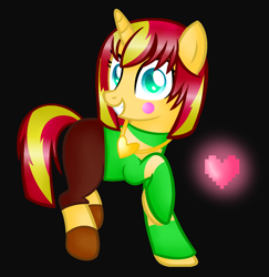 Size: 1696x1744 | Tagged: safe, artist:artzy-jamie7302, sunset shimmer, pony, unicorn, alternate hairstyle, black background, chara, charaset, clothes, crossover, female, heart, mare, simple background, solo, undertale