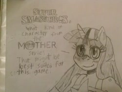 Size: 2592x1944 | Tagged: artist needed, source needed, safe, derpibooru import, twilight sparkle, anthro, dialogue, mother, nintendo, super smash bros., traditional art, video game