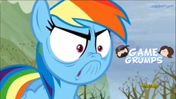 Size: 1280x720 | Tagged: safe, derpibooru import, edit, edited screencap, screencap, rainbow dash, pegasus, pony, tanks for the memories, cinemaquestria, do i look angry, game grumps, grumpy