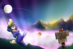 Size: 1200x800 | Tagged: safe, artist:klemm, derpy hooves, pony, atg 2017, cliff, edge, fishing, fishing rod, moon, newbie artist training grounds, sign, solo, sun