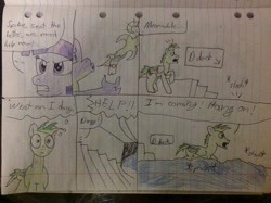 Size: 2592x1936 | Tagged: safe, artist:didgereethebrony, derpy hooves, spike, twilight sparkle, oc, oc:didgeree, dragon, flooding, letter, lined paper, traditional art