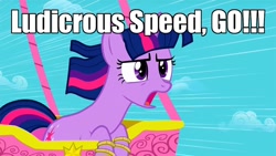 Size: 960x540 | Tagged: safe, derpibooru import, twilight sparkle, balloon, caption, ludicrous speed, meme, spaceballs the tag