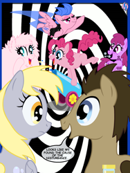 Size: 1500x2000 | Tagged: safe, artist:princesshighmist, berry punch, berryshine, derpy hooves, doctor whooves, firefly, pinkie pie, oc, oc:fluffle puff, pony, party cannon