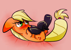 Size: 1024x725 | Tagged: safe, artist:joycall6, applejack, earth pony, pony, :o, blushing, cute, dressing, fireproof boots, floppy ears, hoof hold, legs in air, lidded eyes, on back, solo