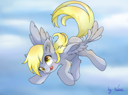 Size: 1707x1280 | Tagged: safe, artist:kaliner123, derpy hooves, pegasus, pony, female, flying, mare, sky, solo, tongue out