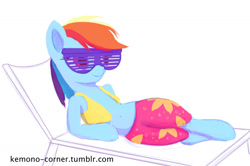 Size: 1280x850 | Tagged: safe, artist:raikoh, derpibooru import, rainbow dash, pegasus, pony, tanks for the memories, belly button, clothes, solo, sunglasses, swimming trunks, swimsuit, winter swimsuit