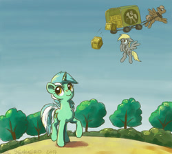 Size: 1024x916 | Tagged: safe, artist:el-yeguero, derpy hooves, lyra heartstrings, pegasus, pony, unicorn, accident, crate, falling, female, flying, male, mare, stallion