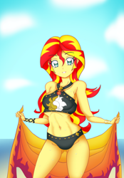 Size: 2645x3798 | Tagged: safe, anonymous artist, artist:grandzebulon, edit, sunset shimmer, better together, equestria girls, forgotten friendship, beach, belly button, bikini, clothes, curvy, female, geode of empathy, hourglass figure, looking at you, ocean, sand, solo, swimsuit, undressing