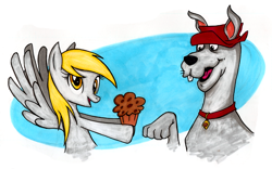 Size: 1000x622 | Tagged: safe, artist:touhatsu, derpy hooves, pony, crossover, food, muffin, scooby doo, scooby dum, traditional art