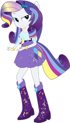 Size: 5465x9629 | Tagged: safe, artist:illumnious, rarity, equestria girls, absurd resolution, boots, bracelet, clothes, high heel boots, jewelry, ponied up, ponyscape, ponytail, rainbow hair, rainbow power, rainbow power-ified, rainbow tail, raised eyebrow, simple background, skirt, solo, transparent background, vector