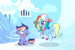 Size: 1592x1070 | Tagged: safe, artist:iheyyasyfox, derpibooru import, rainbow dash, oc, oc:nick storm, pegasus, pony, backwards ballcap, baseball cap, cap, colt, female, hat, male, mother and child, mother and son, necktie, offspring, parent and child, parent:rainbow dash, parent:soarin', parents:soarindash, sitting