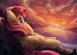 Size: 3600x2550 | Tagged: safe, artist:discorded, artist:vanillaghosties, sunset shimmer, pony, unicorn, collaboration, cute, female, looking at you, looking back, looking back at you, mare, pun, scenery, shimmerbetes, smiling, solo, sunset, visual pun
