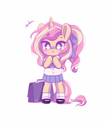 Size: 4700x5300 | Tagged: safe, artist:dressella, sunset shimmer, pony, unicorn, absurd resolution, clothes, pastel, ponytail, school bag, school uniform, uniform