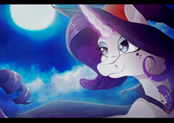 Size: 800x566 | Tagged: safe, artist:oobrushstrokeoo, rarity, pony, unicorn, glowing horn, hat, moon, night, solo, witch hat