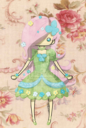 Size: 600x894 | Tagged: safe, artist:ko-koneko, fluttershy, human, chibi, clothes, cute, dress, gala dress, humanized, solo, watermark