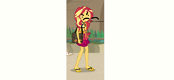 Size: 1006x464 | Tagged: safe, edit, edited screencap, screencap, sunset shimmer, better together, equestria girls, forgotten friendship, 1000 hours in ms paint, >:c, beach, clothes, cropped, downvote bait, flip-flops, frown, solo, swimsuit, watchu lookin at