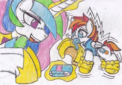 Size: 3405x2385 | Tagged: safe, artist:cuddlelamb, princess celestia, oc, oc:cuddlelamb, alicorn, pony, age regression, diaper, momlestia fuel, royal guard, traditional art