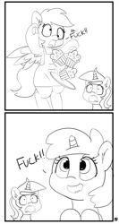 Size: 2668x5000 | Tagged: safe, artist:pabbley, amethyst star, derpy hooves, dinky hooves, sparkler, pegasus, pony, unicorn, accident, bipedal, comic, dialogue, female, food, monochrome, mother and child, mother and daughter, muffin, parent and child, swearing, tray, vulgar