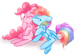 Size: 1024x719 | Tagged: safe, artist:pinkablue, derpibooru import, pinkie pie, rainbow dash, earth pony, pegasus, pony, blush sticker, blushing, eyes closed, female, kiss on the cheek, kissing, lesbian, lightly watermarked, mare, one eye closed, pinkiedash, shipping, simple background, sitting, watermark, white background