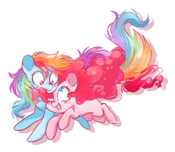 Size: 1024x890 | Tagged: safe, artist:pinkablue, derpibooru import, pinkie pie, rainbow dash, earth pony, pegasus, pony, blushing, female, lesbian, lightly watermarked, mare, pinkiedash, shipping, simple background, watermark, white background