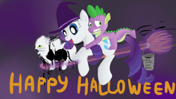 Size: 1280x720 | Tagged: safe, artist:jbond, opalescence, rarity, spike, dragon, pony, unicorn, broom, bucket, flying, flying broomstick, halloween, hat, levitation, looking back, magic, open mouth, scared, smiling, telekinesis, witch hat