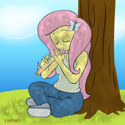 Size: 1000x1000 | Tagged: safe, artist:empyu, fluttershy, equestria girls, flute, musical instrument, solo