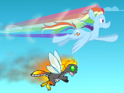 Size: 1024x768 | Tagged: safe, artist:azulmimi99, derpibooru import, rainbow dash, pegasus, pony, buzz (neopets), crossover, female, fire, flying, neopets, rainbow, smoke, solo