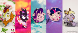 Size: 1052x445 | Tagged: safe, artist:dustysculptures, autumn blaze, derpy hooves, starlight glimmer, twilight sparkle, twilight sparkle (alicorn), alicorn, kirin, nirik, pegasus, pony, unicorn, best gift ever, marks for effort, sounds of silence, charm, craft, faic, female, i mean i see, mare, pudding face, unamused