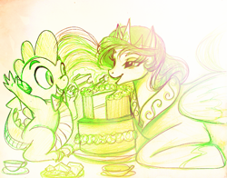 Size: 795x622 | Tagged: safe, artist:eviesketchy, princess celestia, spike, alicorn, dragon, pony, cake, cakelestia, eating, momlestia, traditional art