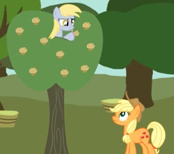 Size: 949x841 | Tagged: safe, artist:alphys1547, applejack, derpy hooves, earth pony, pegasus, pony, female, food, muffin, outdoors, shocked, sweet apple acres, tongue out, tree