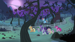 Size: 1280x720 | Tagged: safe, derpibooru import, screencap, applejack, fluttershy, pinkie pie, rainbow dash, rarity, spike, twilight sparkle, twilight sparkle (alicorn), alicorn, dragon, earth pony, pegasus, pony, unicorn, bats!, apple orchard, apple tree, bare tree, female, fence, full moon, male, mane seven, mane six, mare, moon, night, orchard, path, tree, trotting