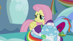 Size: 500x281 | Tagged: safe, derpibooru import, screencap, applejack, fluttershy, rainbow dash, tank, earth pony, pegasus, pony, tanks for the memories, animated, bathrobe, clothes, crying, discovery family, discovery family logo, tank slippers