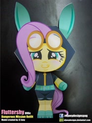 Size: 1199x1599 | Tagged: safe, artist:eljoeydesigns, fluttershy, pegasus, pony, blushing, bunny ears, clothes, costume, dangerous mission outfit, female, goggles, hoodie, looking at you, mare, papercraft, smiling