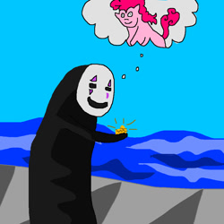 Size: 900x900 | Tagged: safe, artist:pewdie-pinkiepie, pinkie pie, earth pony, pony, 1000 hours in ms paint, crossover, gold, mask, memory, ms paint, no-face, ocean, poop, shipping, spirited away, thought bubble, wat, why