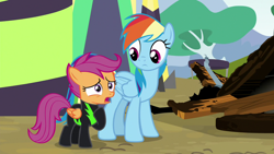 Size: 1280x720 | Tagged: safe, derpibooru import, screencap, rainbow dash, scootaloo, pegasus, pony, the washouts (episode), clothes, duo, female, filly, foal, hoof on chest, mare, uniform, washouts uniform