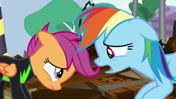 Size: 1280x720 | Tagged: safe, derpibooru import, screencap, rainbow dash, scootaloo, pegasus, pony, the washouts (episode), apology, duo, female, filly, floppy ears, foal, mare, upset