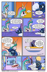 Size: 1013x1538 | Tagged: safe, artist:pony-berserker, princess celestia, princess luna, alicorn, pony, comic:the royal flu, bed, best sisters, comic, dialogue, i can't believe it's not idw, magic, magic blast, sick, speech bubble, tissue