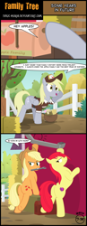 Size: 2424x6239 | Tagged: safe, artist:toxic-mario, apple bloom, applejack, derpy hooves, earth pony, pony, the perfect pear, apple tree, barn, clothes, comic, gutter, hat, hay bale, mail, mailbag, mailbox, mailmare, older, plot, sweet apple acres, teenage apple bloom, tools, tree, uniform, wrench