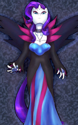 Size: 1203x1920 | Tagged: safe, artist:terpa-apret, rarity, anthro, choker, clothes, cosplay, costume, dress, earring, gloves, hydreigon, looking at you, makeup, piercing, pokémon, robe, solo, standing