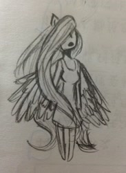 Size: 1506x2060 | Tagged: safe, artist:happy-fun0-0, fluttershy, human, eared humanization, humanized, solo, traditional art, winged humanization