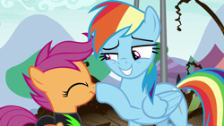 Size: 1280x720 | Tagged: safe, derpibooru import, screencap, rainbow dash, scootaloo, pegasus, pony, the washouts (episode), boop, clothes, cute, duo, female, filly, foal, mare, nose wrinkle, smiling, squint, uniform, washouts uniform