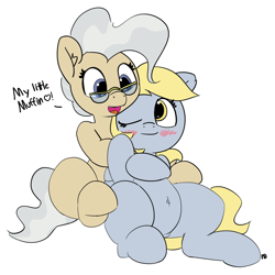 Size: 6864x6862 | Tagged: safe, artist:pabbley, derpy hooves, mayor mare, earth pony, pegasus, pony, absurd resolution, belly button, blushing, cuddling, cute, dialogue, female, hug, lesbian, mare, mayorhooves, one eye closed, shipping, simple background, white background, wink