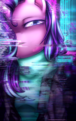 Size: 1200x1920 | Tagged: safe, artist:jadekettu, starlight glimmer, anthro, unicorn, clothes, cyberpunk, error, female, glitch, glitch art, hair over one eye, mare, solo, synthwave