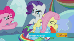 Size: 500x281 | Tagged: safe, derpibooru import, screencap, fluttershy, pinkie pie, rainbow dash, rarity, tank, earth pony, pegasus, pony, unicorn, tanks for the memories, animated, bathrobe, clothes, cry pile, crying, dashie slippers, discovery family, mascara, robe, tank slippers