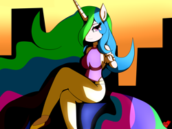 Size: 4000x3000 | Tagged: safe, artist:mytatsur, princess celestia, anthro, beckoning, breasts, clothes, come hither, female, hoofbeat, hoofbeat 2, pointing, sideboob, sitting, solo