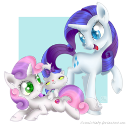 Size: 800x800 | Tagged: safe, artist:swanlullaby, opalescence, rarity, sweetie belle, pony, unicorn, crusaders of the lost mark, cute, cutie mark, diasweetes, ear fluff, fluffy, looking at each other, opalbetes, pet, raribetes, the cmc's cutie marks, unshorn fetlocks