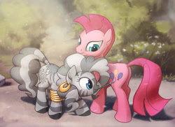 Size: 1248x907 | Tagged: safe, artist:cannibalus, pinkie pie, zecora, earth pony, pony, zebra, bodypaint, bracelet, cute, diapinkes, ear piercing, earring, female, jewelry, looking back, mare, mouth hold, paint in hair, paint on fur, paintbrush, painting, painting characters, palette swap, piercing, recolor, zecorable