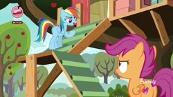 Size: 1920x1080 | Tagged: safe, derpibooru import, screencap, rainbow dash, scootaloo, pegasus, pony, the washouts (episode), apple tree, clubhouse, crusaders clubhouse, duo, female, filly, foal, mare, stairs, tree