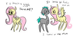 Size: 1280x637 | Tagged: safe, artist:jellybeanbullet, fluttershy, oc, pegasus, pony, floppy ears, meme, threat, u wot m8, vulgar